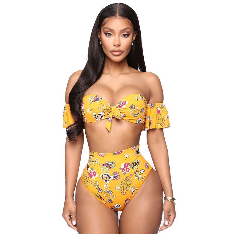 One - shoulder Lotus Split High Waist Leaf Print Swimsuit - Aqova