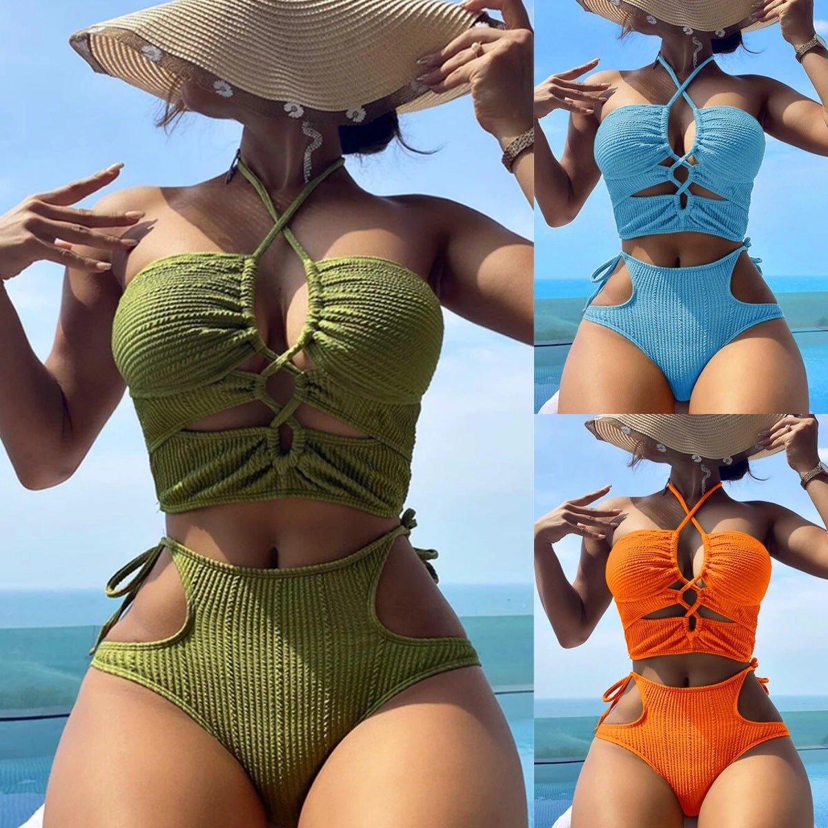Orange & Blue Bikini Split Swimsuit - Stylish Rope Design, Sizes S - XL - Aqova