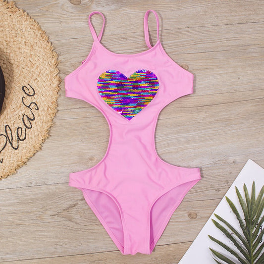 Peach Heart Adjustable Girls One - Piece Swimsuit - Retro Style for Swimming - Aqova