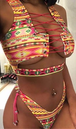 Pineapple Bikini Set for Curvy Women - Lace Up Thong Swimsuit - Aqova
