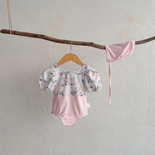 Pink Floral Baby Swimsuit with Hat - One - Piece Swimwear for Girls - Aqova