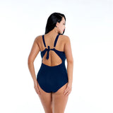 Plus Size High Waist Swimwear - One - Piece Stylish Comfort in Orange & Navy - Aqova