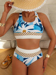 Plus Size Split Swimsuit Printed Zipper Bikini Swimsuit - Aqova