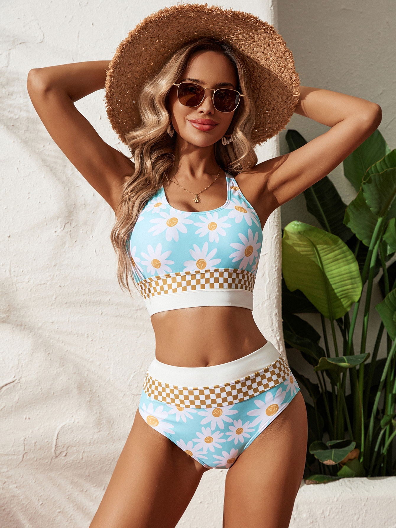 Plus Size Split Swimsuit Printed Zipper Bikini Swimsuit - Aqova