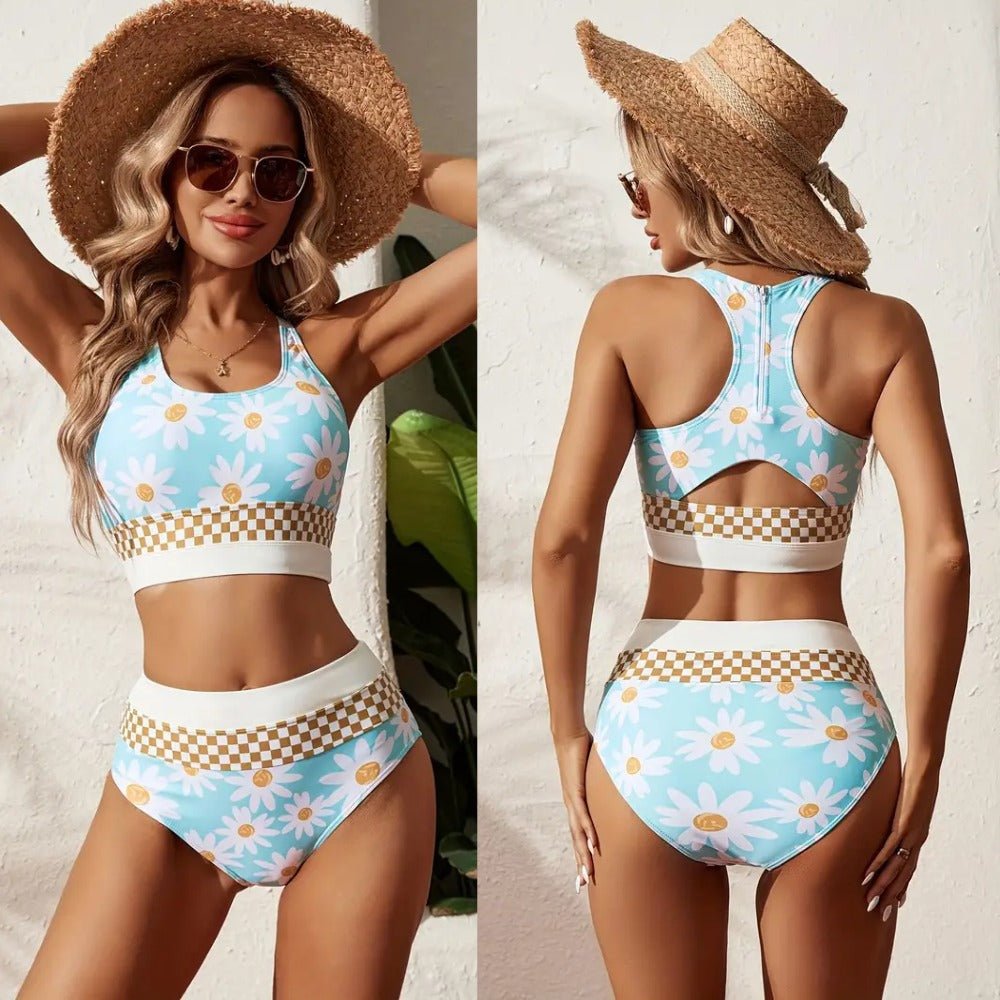 Plus Size Split Swimsuit Printed Zipper Bikini Swimsuit - Aqova