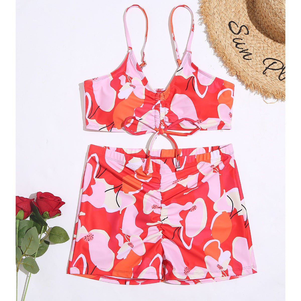 Printed Drawstring Shorts High Waist Bikini Swimsuit Swimwear - Aqova