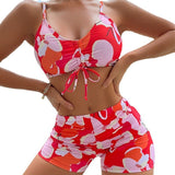 Printed Drawstring Shorts High Waist Bikini Swimsuit Swimwear - Aqova