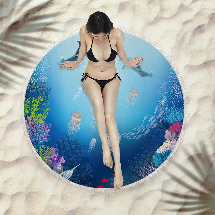 Round Fringed Beach Towel - Colorful Microfiber Bath Towel for Pool & Spa - Aqova