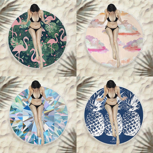 Round Fringed Beach Towel - Colorful Microfiber Bath Towel for Pool & Spa - Aqova