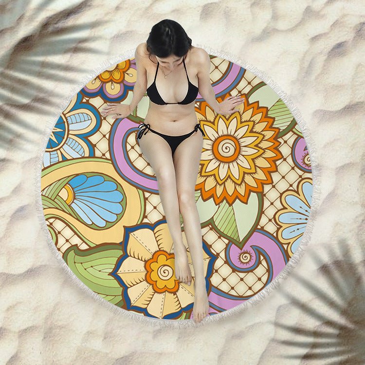 Round Fringed Beach Towel - Colorful Microfiber Bath Towel for Pool & Spa - Aqova
