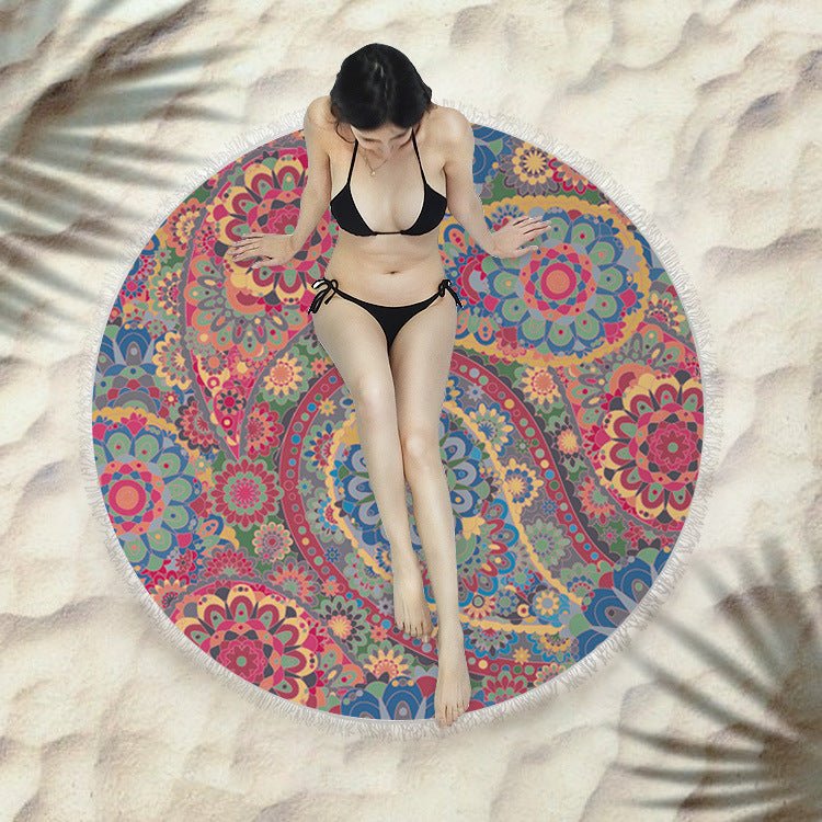 Round Fringed Beach Towel - Colorful Microfiber Bath Towel for Pool & Spa - Aqova