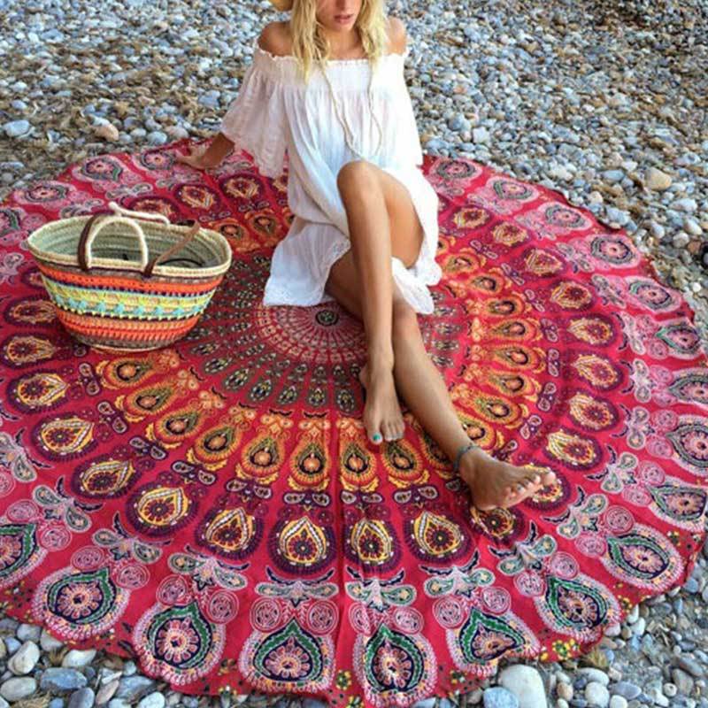 Round Mandala Tapestry Carpet - 150x150 cm Polyester Home Decor - Aqova