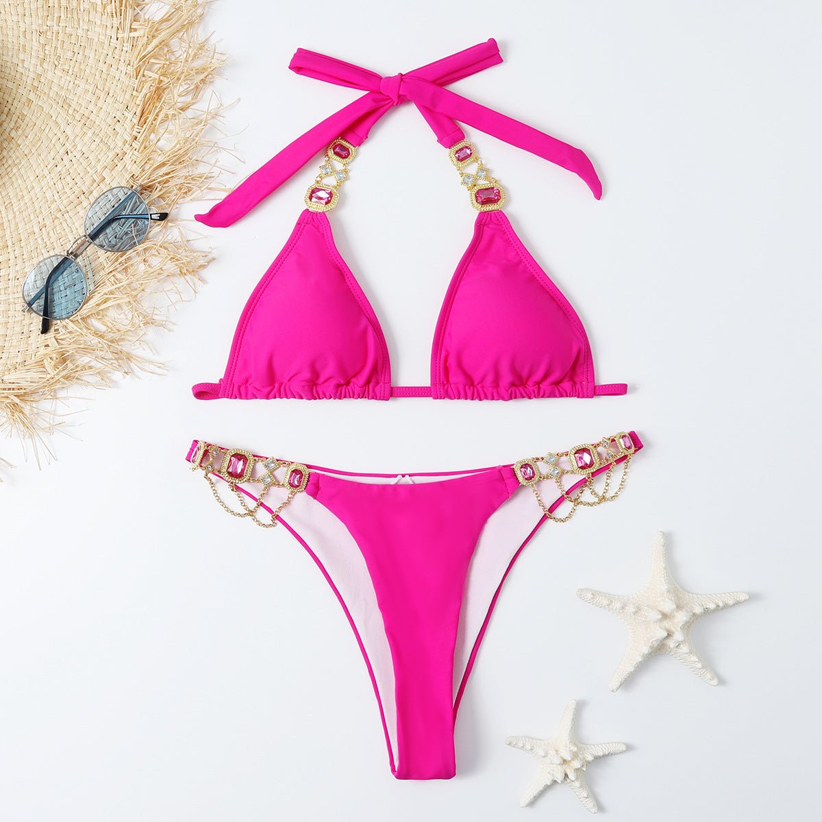 Sexy Bandage Plain Women's Split Swimsuit Gold Accessories Swimwear - Aqova