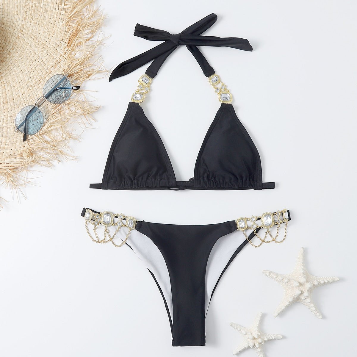 Sexy Bandage Plain Women's Split Swimsuit Gold Accessories Swimwear - Aqova