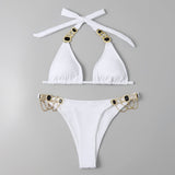 Sexy Bandage Plain Women's Split Swimsuit Gold Accessories Swimwear - Aqova