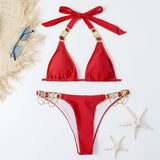 Sexy Bandage Plain Women's Split Swimsuit Gold Accessories Swimwear - Aqova