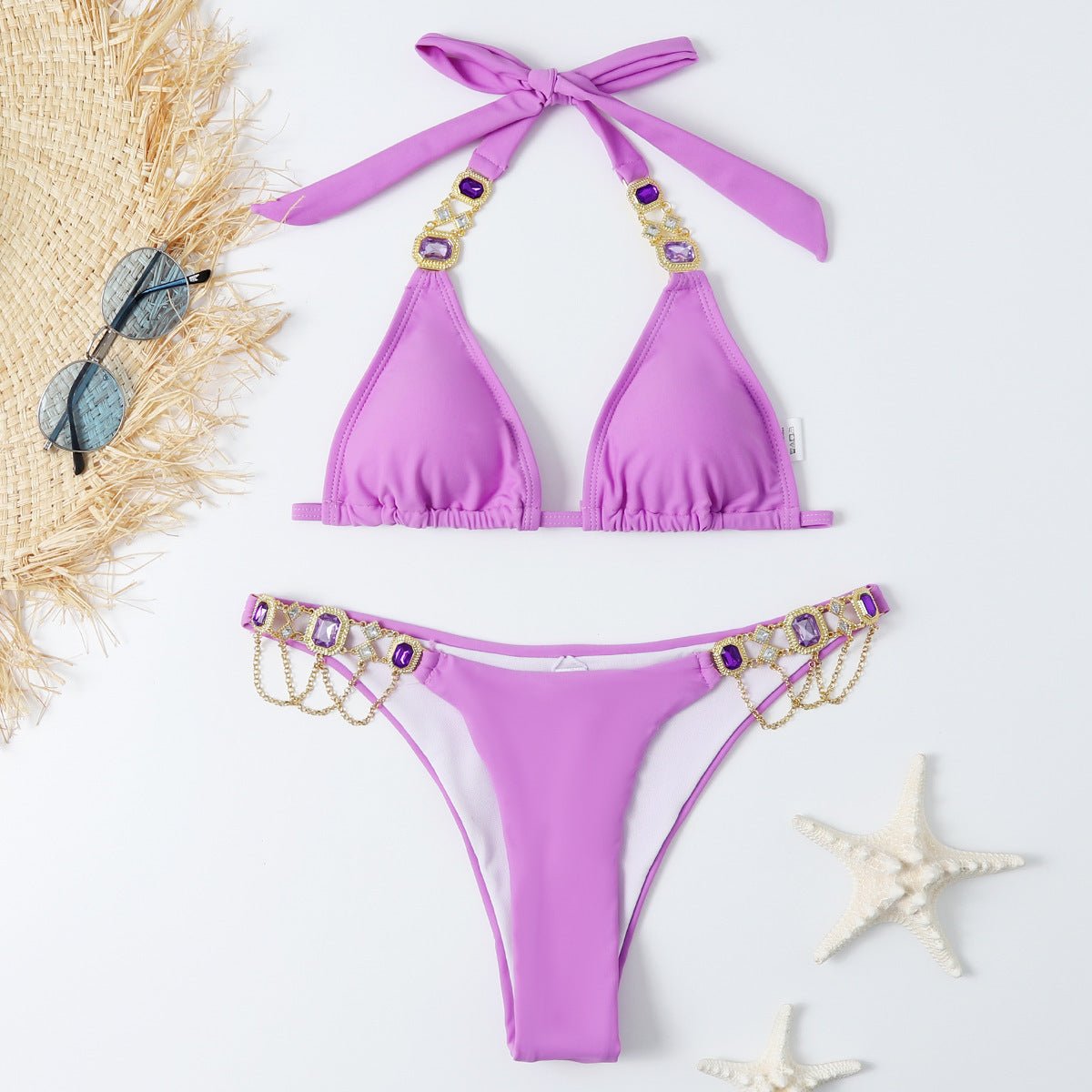 Sexy Bandage Plain Women's Split Swimsuit Gold Accessories Swimwear - Aqova