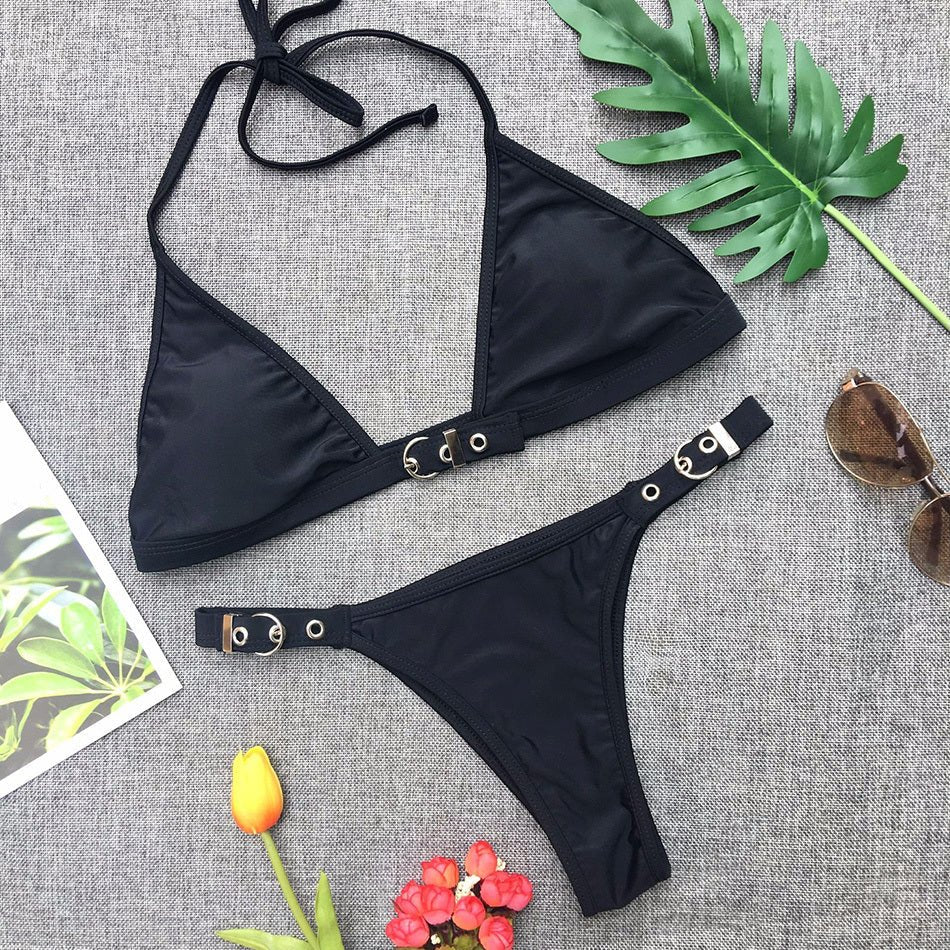 Sexy Black Thong Bikini Set - Adjustable Women's Swimwear for Fitness - Aqova