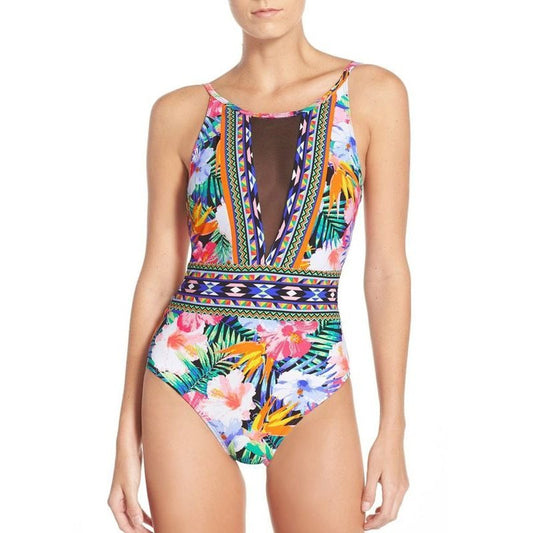 Sexy Floral Mesh One Piece Swimsuit - High Cut Women’s Swimwear - Aqova