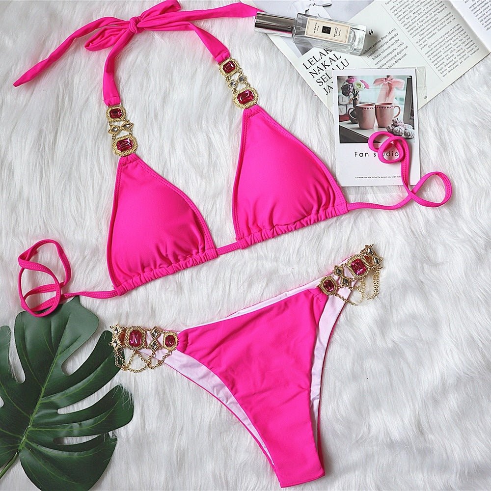Sexy Purple Halter Bikini - Rhinestone Swimwear for Tropical Vacations - Aqova