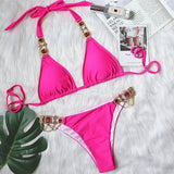 Sexy Purple Halter Bikini - Rhinestone Swimwear for Tropical Vacations - Aqova