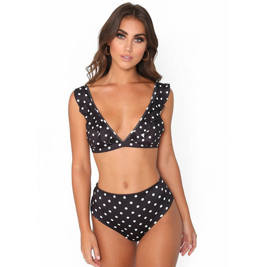 Sexy Ruffled Black and White Polka Dot Bikini Set - Summer Swimwear - Aqova