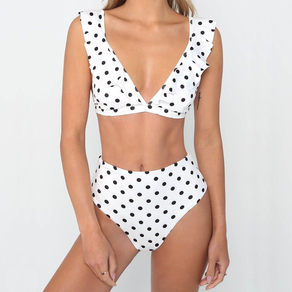 Sexy Ruffled Black and White Polka Dot Bikini Set - Summer Swimwear - Aqova