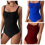 Sexy Square Neck One - Piece Bikini - Solid Color Pleated Design for Women - Aqova