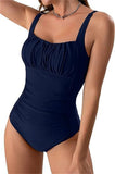 Sexy Square Neck One - Piece Bikini - Solid Color Pleated Design for Women - Aqova
