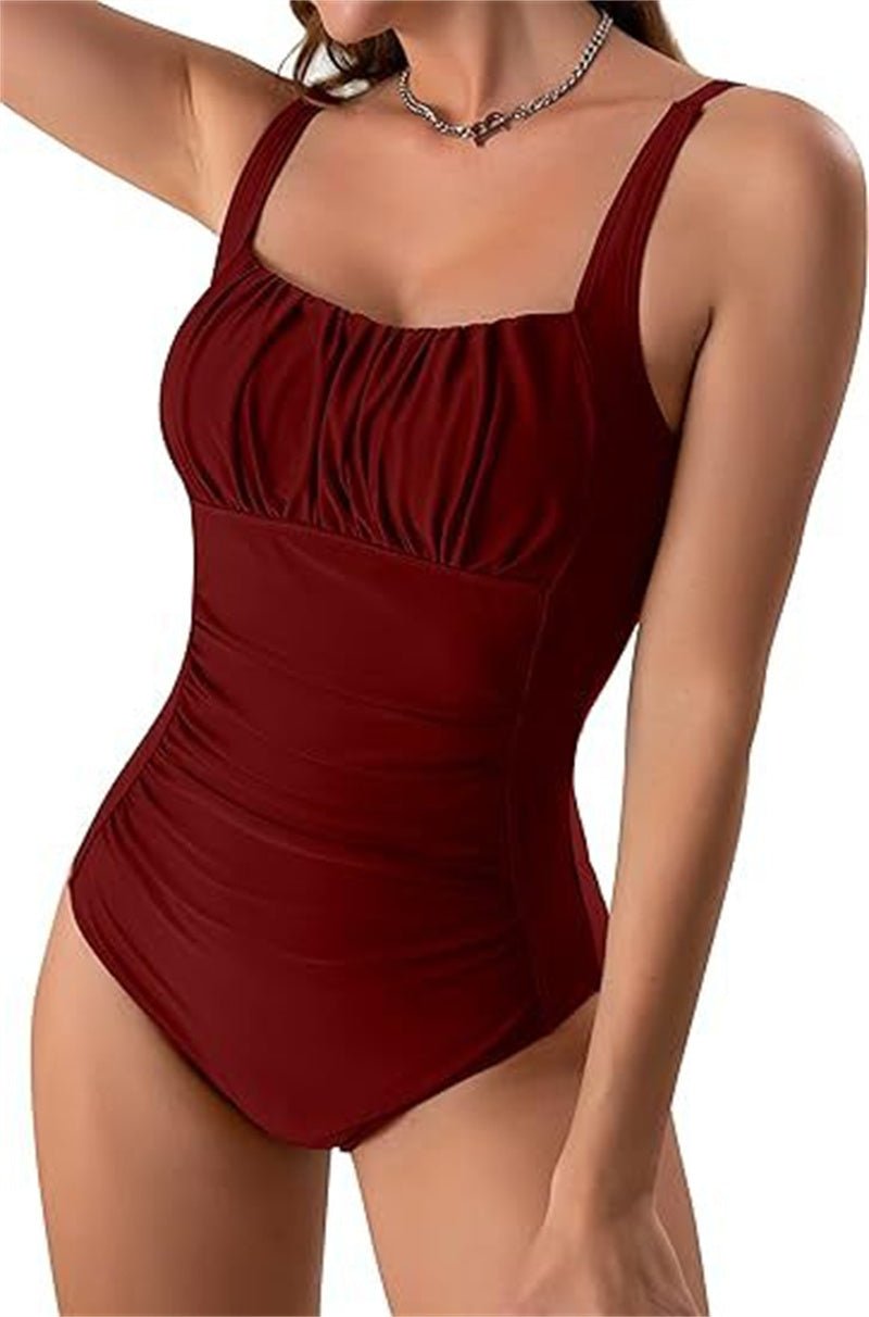 Sexy Square Neck One - Piece Bikini - Solid Color Pleated Design for Women - Aqova