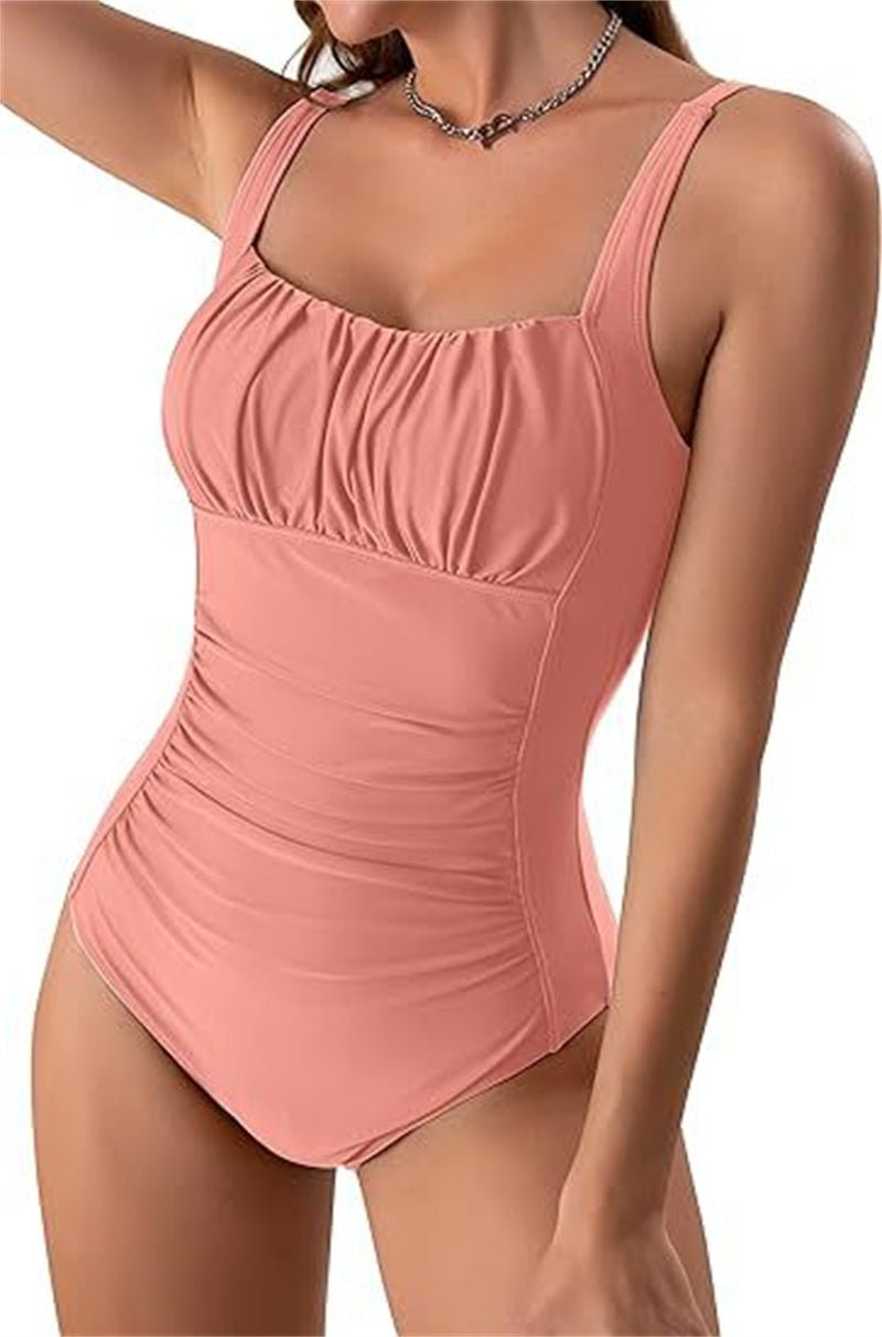 Sexy Square Neck One - Piece Bikini - Solid Color Pleated Design for Women - Aqova