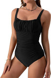 Sexy Square Neck One - Piece Bikini - Solid Color Pleated Design for Women - Aqova
