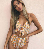 Sexy Tie Knot Print One - Piece Swimsuit with Chest Pad - ZC2520 - Aqova
