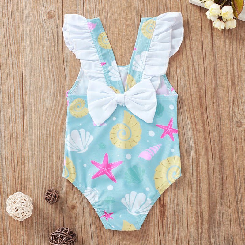 Shell Print Bow Swimsuit for Girls - Cute Cartoon Design, Cotton Blend - Aqova