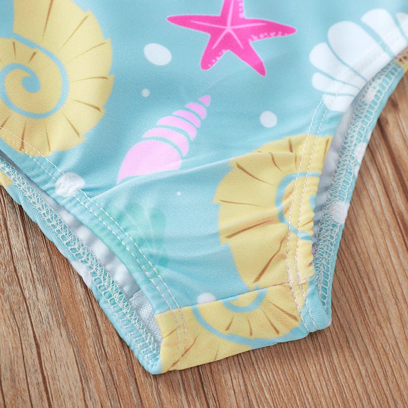 Shell Print Bow Swimsuit for Girls - Cute Cartoon Design, Cotton Blend - Aqova