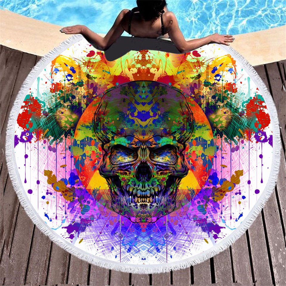 Skull Print Round Beach Towel - Microfiber with Tassels, 150x150CM - Aqova
