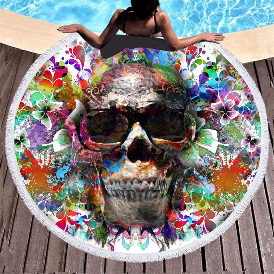 Skull Print Round Beach Towel - Microfiber with Tassels, 150x150CM - Aqova