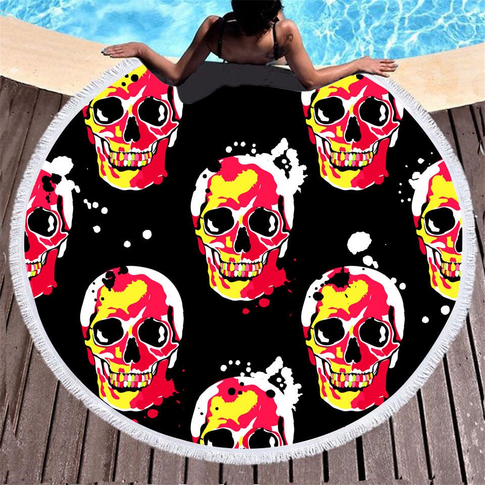 Skull Print Round Beach Towel - Microfiber with Tassels, 150x150CM - Aqova