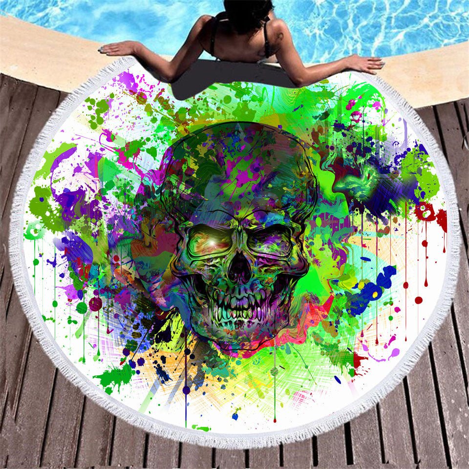 Skull Print Round Beach Towel - Microfiber with Tassels, 150x150CM - Aqova