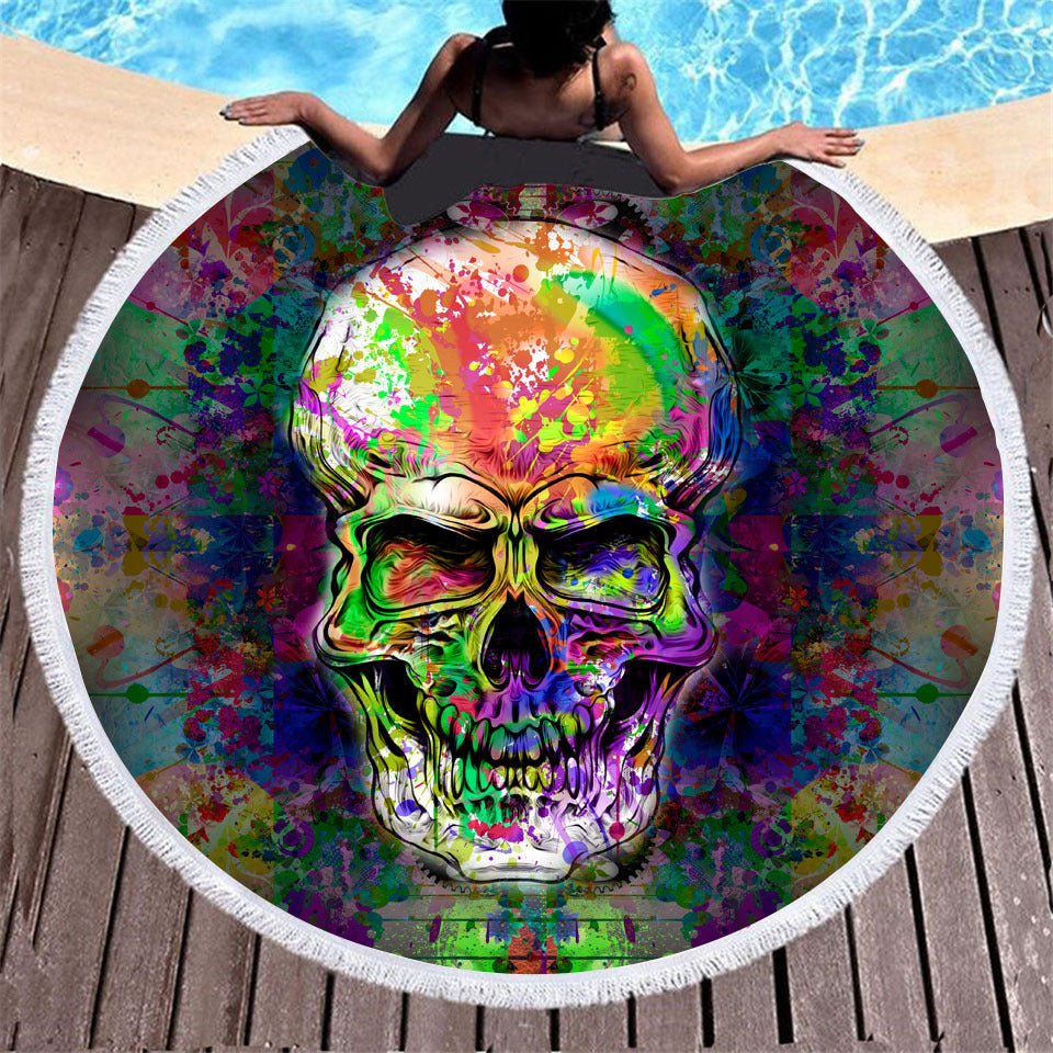 Skull Print Round Beach Towel - Microfiber with Tassels, 150x150CM - Aqova