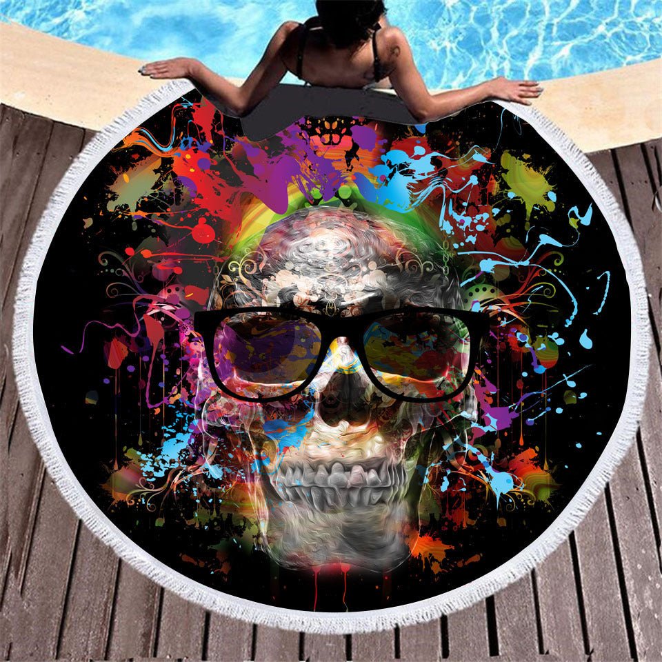 Skull Print Round Beach Towel - Microfiber with Tassels, 150x150CM - Aqova
