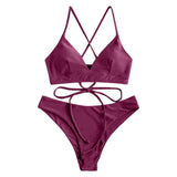 Solid Color Bikini Sexy Strappy Swimsuit - Aqova