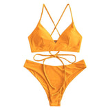 Solid Color Bikini Sexy Strappy Swimsuit - Aqova