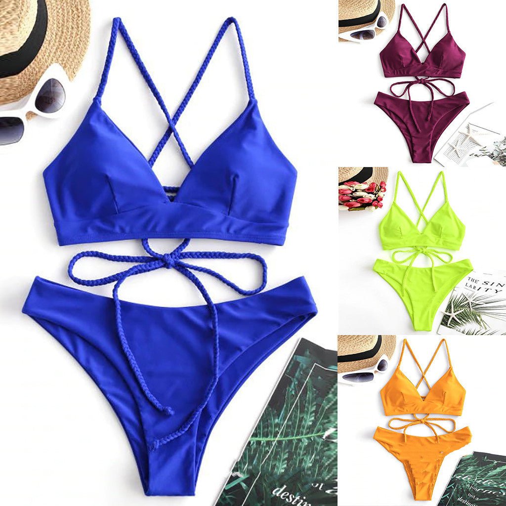 Solid Color Bikini Sexy Strappy Swimsuit - Aqova