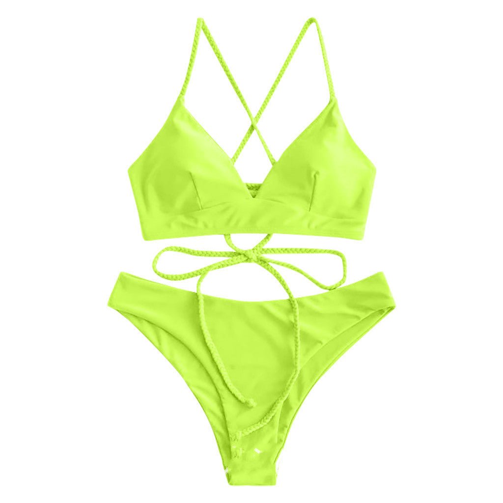 Solid Color Bikini Sexy Strappy Swimsuit - Aqova