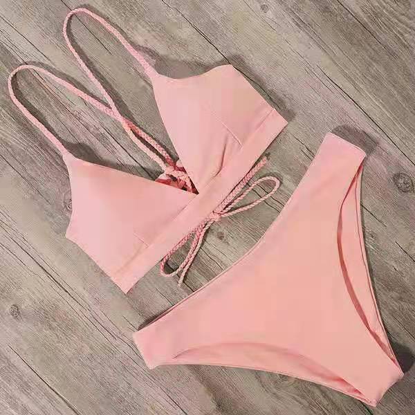 Solid Color Bikini Sexy Strappy Swimsuit - Aqova