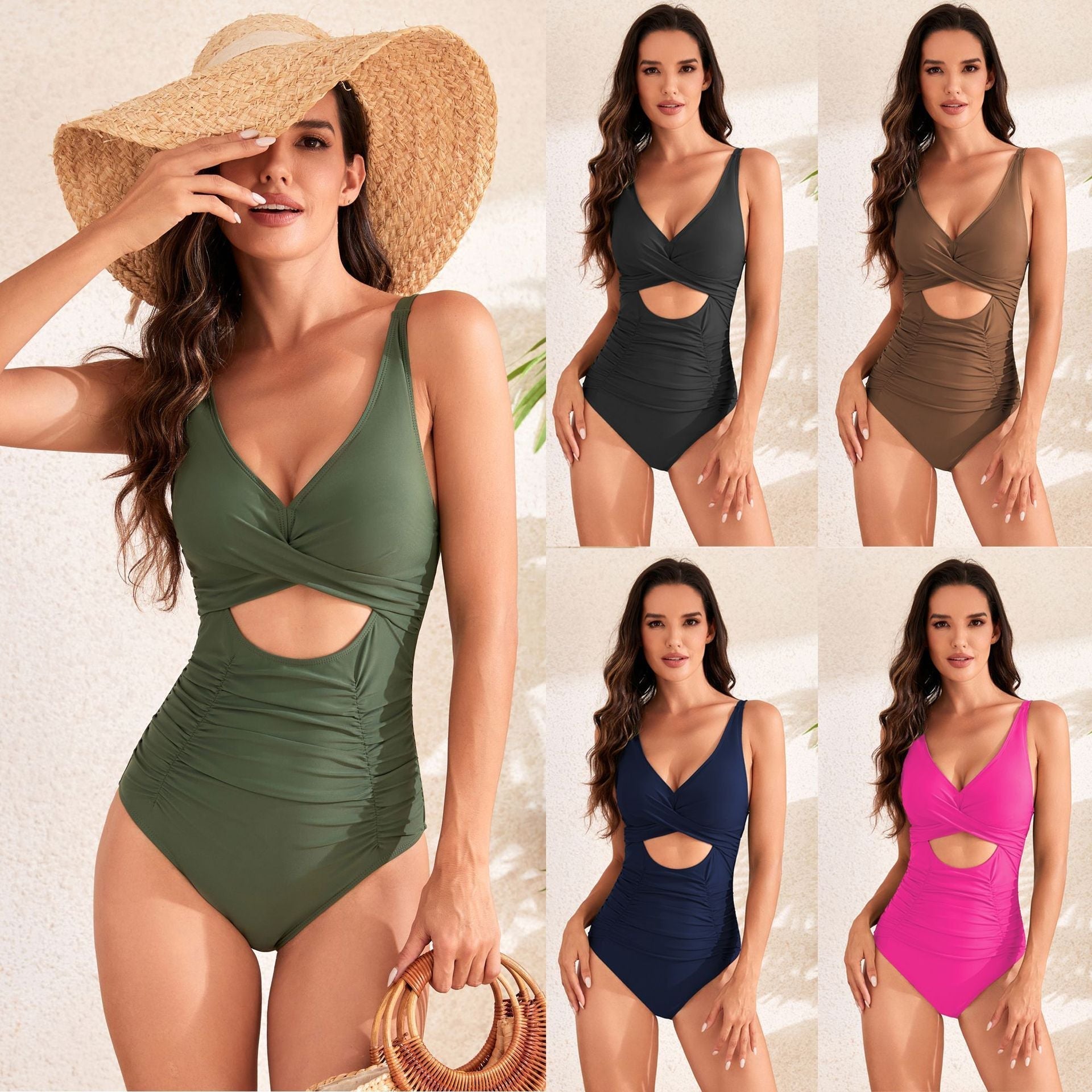 Solid Color High Waist One - Piece Swimsuit - Stylish Pleating Design - Aqova
