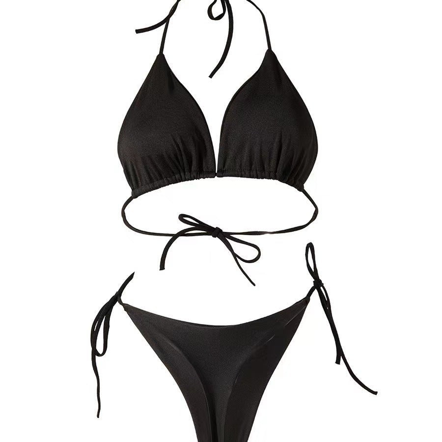 Solid Color Bikini Swimsuit with Chest Pad - Stylish Lace-up Beachwear - Aqova
