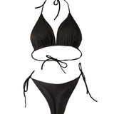 Solid Color Bikini Swimsuit with Chest Pad - Stylish Lace-up Beachwear - Aqova