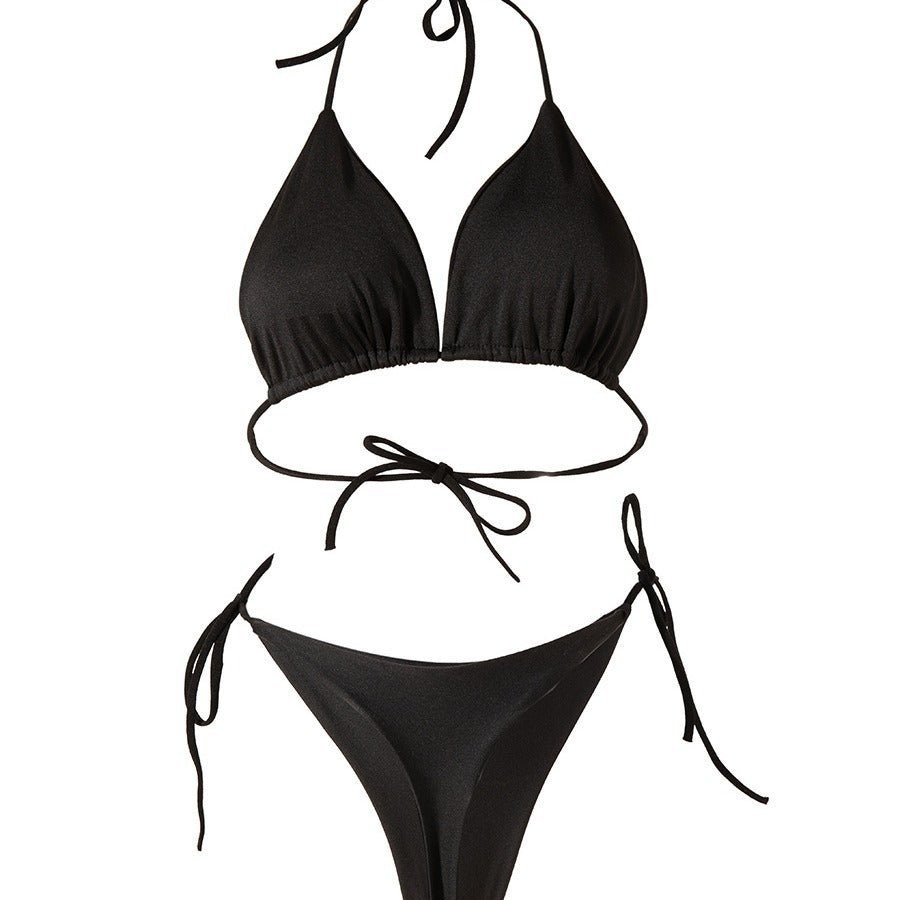 Solid Color Bikini Swimsuit with Chest Pad - Stylish Lace-up Beachwear - Aqova